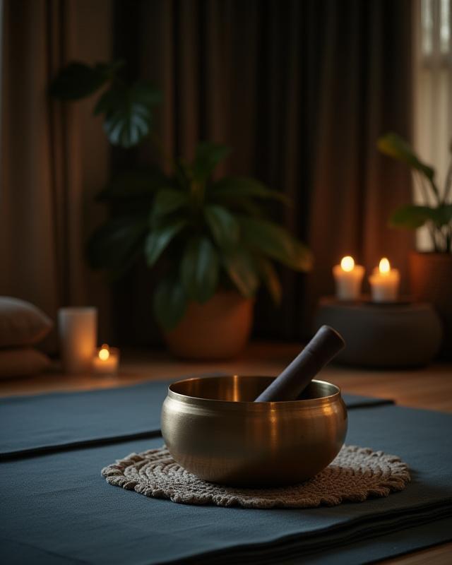 Serene private sound healing session room with a large singing bowl and soft lighting.
