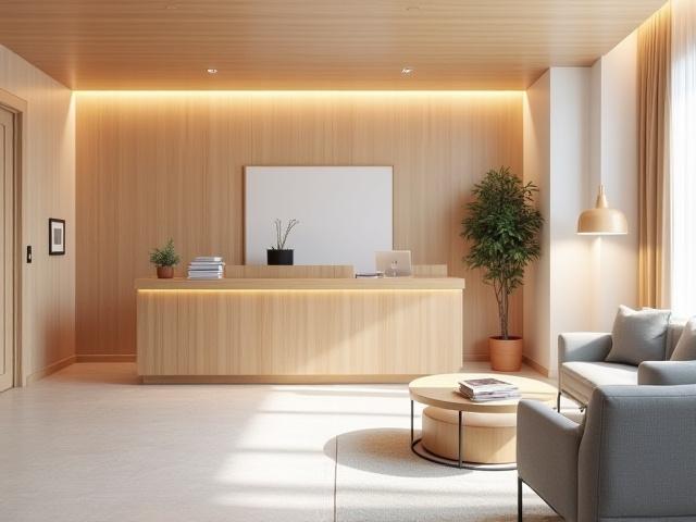 Welcoming and clean reception area with wooden furniture and subtle branding.