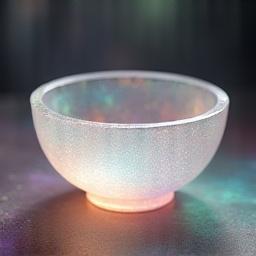 Alchemy crystal singing bowl with a rainbow shimmer, against a soft, blurred background.