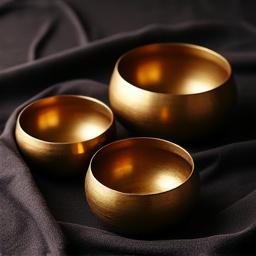 Set of three graduated Tibetan singing bowls, different sizes, arranged on a dark, textured cloth.