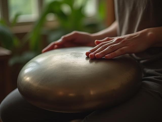 A person gently playing a handpan in a natural, serene indoor setting, with warm light filtering through a window.