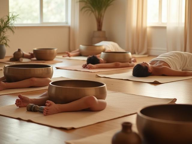 A group of people sitting comfortably in a tranquil space, participating in a sound bath session with singing bowls and chimes.